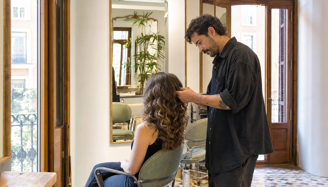 Una peluquera peina con ondas a una clienta en el salón luminoso