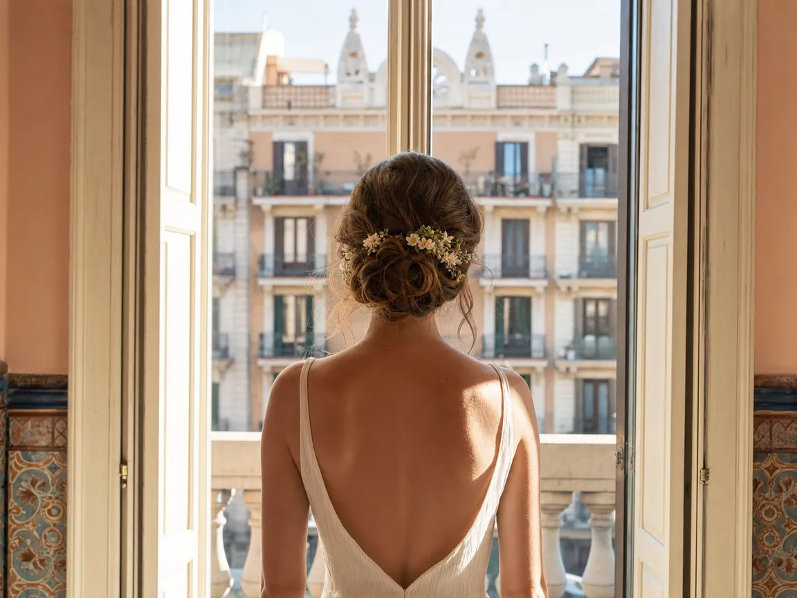 Moño bajo de novia con flores